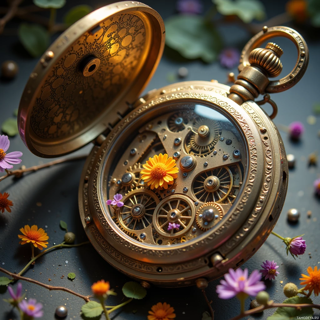 Semi-abstract image with many light, that is suitable for the post:  A tiny 1930s brass pocket watch with a deep bronze case engraved with a faded floral motif, an intricate labyrinth of gears inside, uniquely shaped screw heads, and a small back compartment holding a pressed flower.