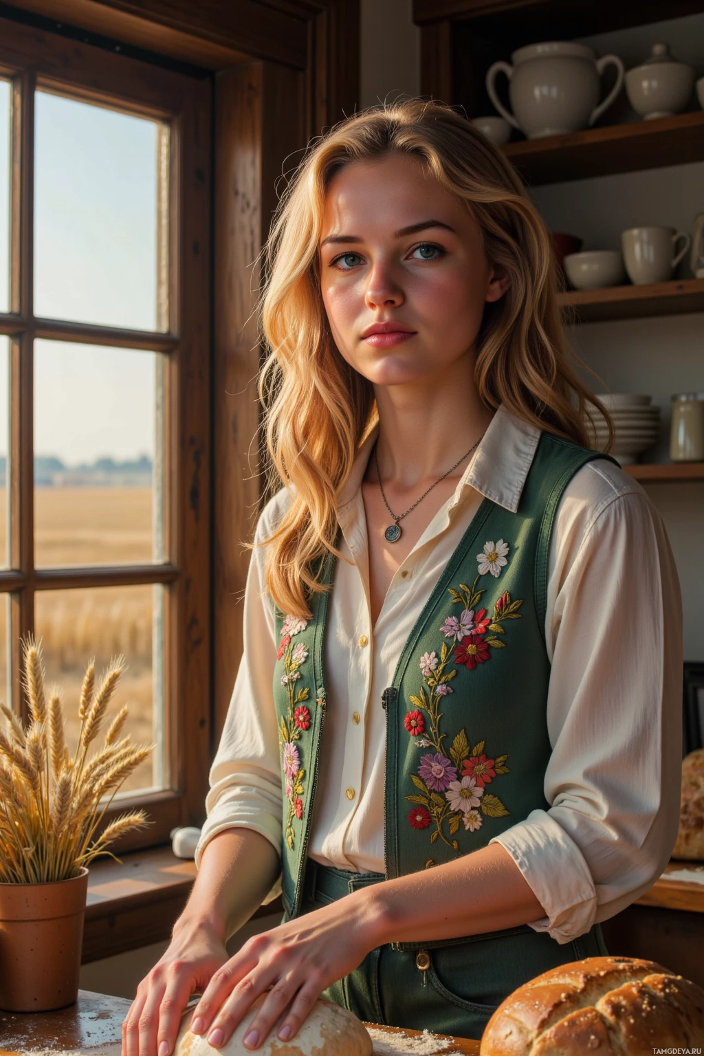 Realistic high quality photo. A woman in her early thirties with curly blonde hair, bright blue eyes, wearing an embroidered vest over a simple blouse and loose pants, kneading rye dough in a rustic farmhouse kitchen with a window showing a gently swaying wheat field, warm sunlight filtering in, her rustic necklace glinting, conveying a peaceful, grounded atmosphere.