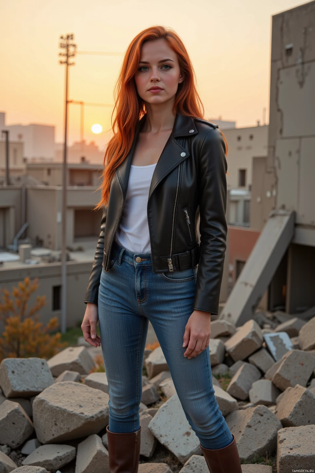 A woman stands outdoors in a cityscape at sunset, wearing a leather jacket, jeans, and boots.