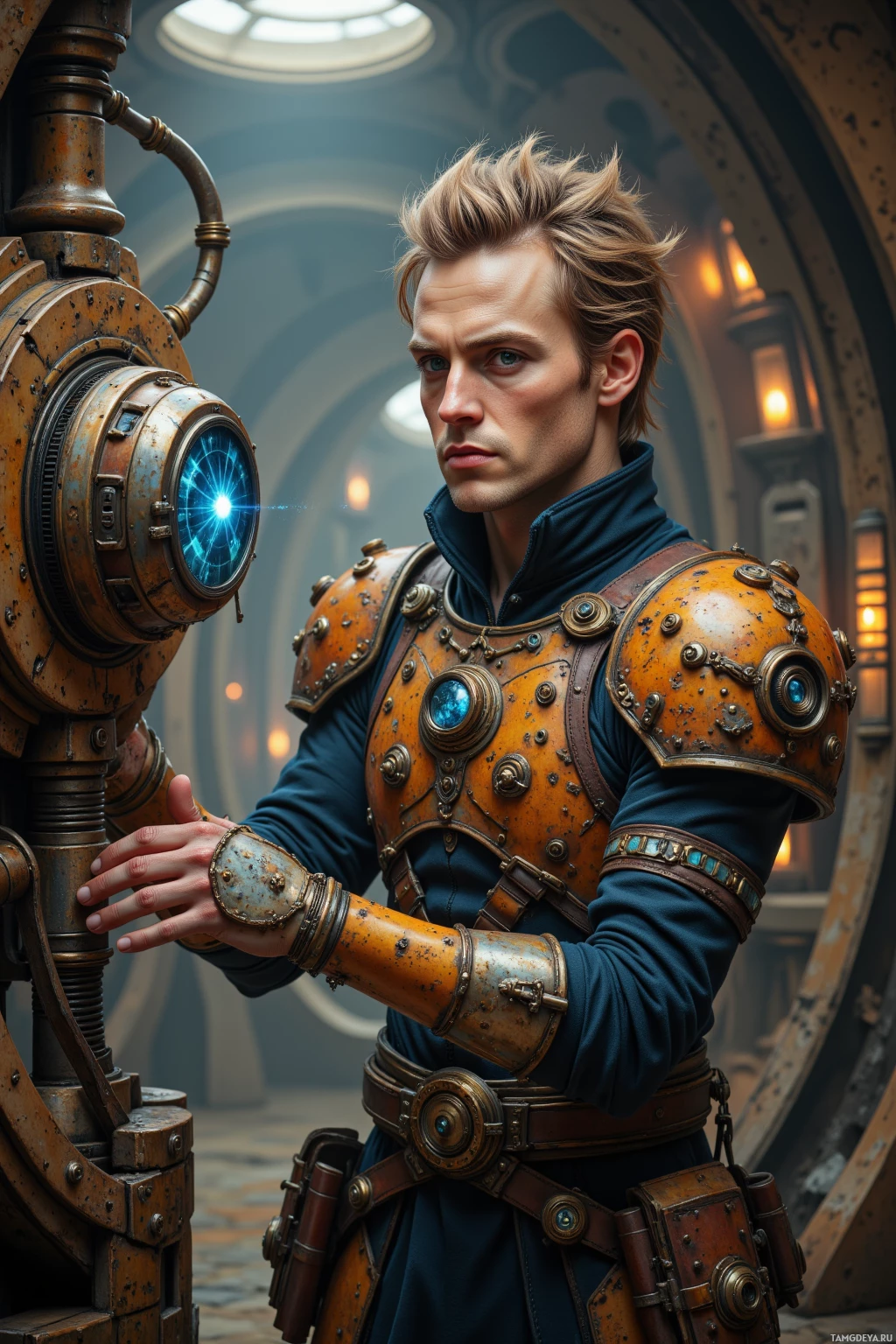 Realistic high quality photo. A 34‑year‑old man with wild light brown hair, pale skin, a glowing blue eye beneath a brass monocle, clad in rusted steampunk armor with gears and pipes, stands in an ancient servo chamber where brass gears tick and flickering old code glows, pressing his hand to a pulsing metal core and feeling the machine’s rhythmic heartbeat sync with his own.