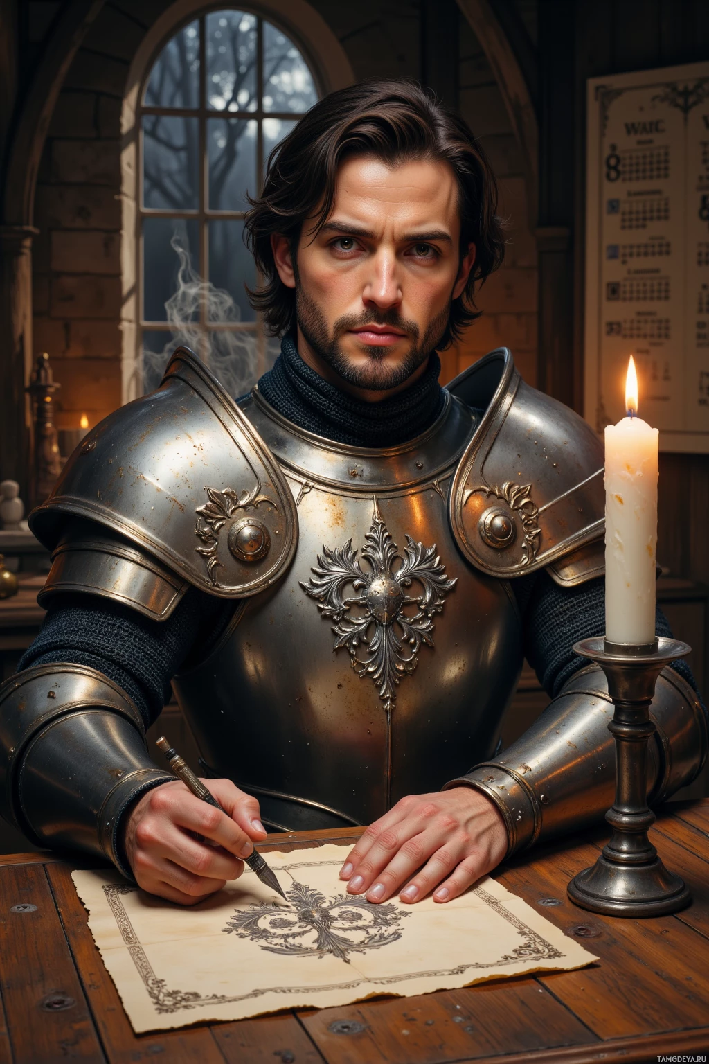 Realistic high quality photo. Male, 35, shoulder‑length dark hair, brown eyes, fair skin, wearing polished steel armor with engraved heraldic motifs, sits at a wooden kitchen table by a flickering candle, tracing silvered lines of his family crest on parchment with a quill in hand, steam curling from a nearby forge behind a window, night, calendar of obscure battles on the wall, a solemn yet wry posture hinting at his lecture on chivalry and fear of being out‑dressed in the next tournament.