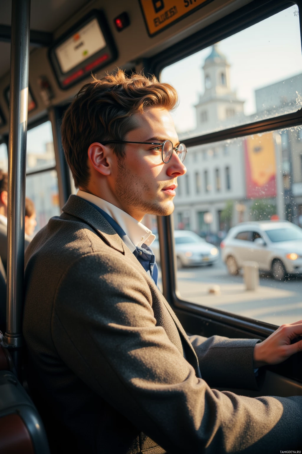 Realistic high quality photo. A 35‑year‑old man with light brown hair, pale skin, deep green eyes, wearing a vintage‑inspired tailored suit and round glasses, sits on a city bus at a bustling morning intersection, watching a swirl of traffic with a calm, detached expression as sunlight filters through the windows.