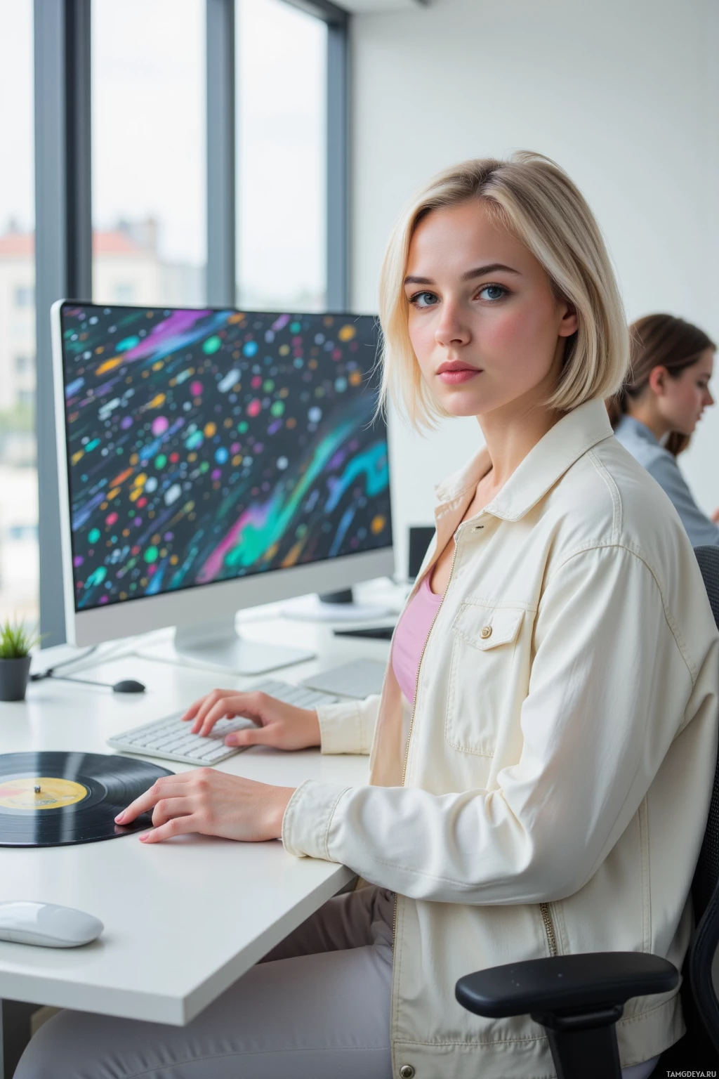 Realistic high quality photo. Female designer, 27, short platinum blonde hair, green eyes, fair skin, wearing a cropped white jacket over pastel techwear and futuristic sneakers, seated at a modern desk with a large monitor showing icons rearranged into a pattern, subtle glitch lines flickering across the screen, a vinyl record resting beside the keyboard, morning light streaming through a nearby window, in a minimalistic, tech‑centric office.
