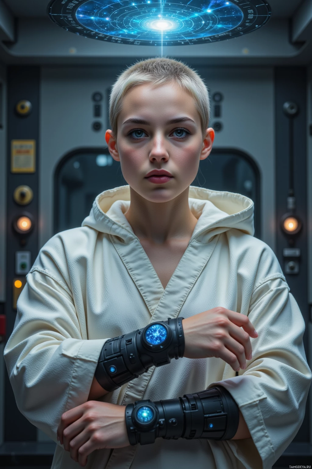 Realistic high quality photo. A 28‑year‑old female martial artist with cropped ash‑blonde hair, piercing blue eyes, and fair skin, wearing a simple hooded robe, stands in a quiet training bay with low‑noise machinery and light‑steel panels clang softly around her, a holographic star map flickers overhead, she traces constellations on a wrist‑mounted display, radiating calm focus and disciplined strength.
