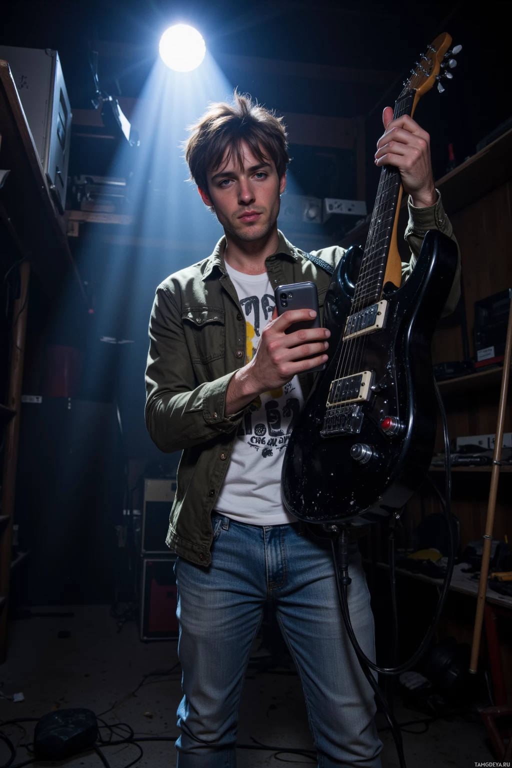 Realistic high quality photo. 30-year-old man with light brown tousled hair, blue eyes, jacket over a white graphic tee and light jeans, standing backstage at 3 a.m. in a dim, cluttered stage area holding a broken electric guitar, scrolling a phone with music charts, surrounded by cables and a flickering spotlight, radiating chaotic focus.