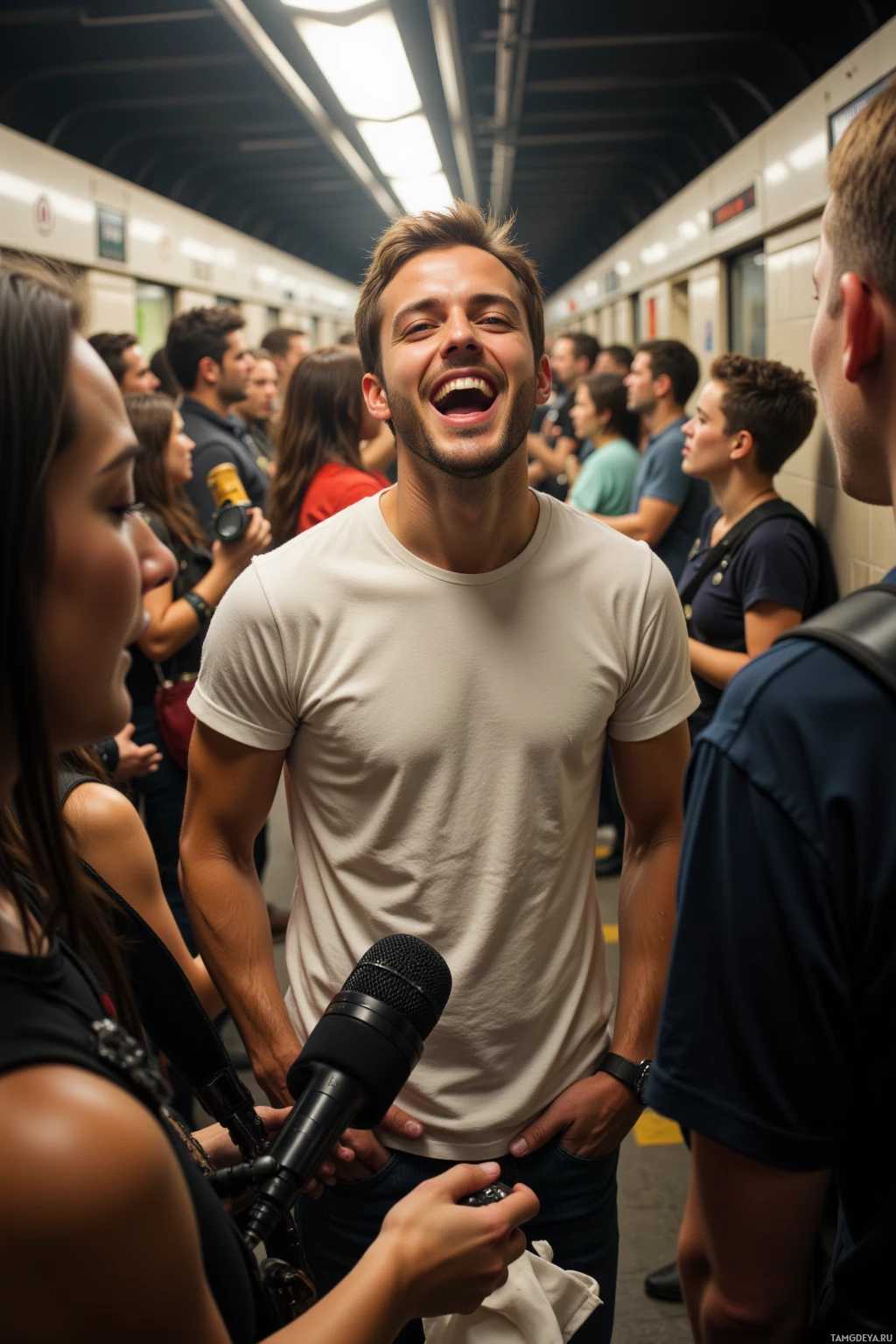 Realistic high quality photo. A cheerful man with short brown hair, blue eyes, wearing a white T‑shirt and dark jeans, standing on a crowded subway platform at dusk, surrounded by strangers holding guitars and microphones, all humming and playing chords in an impromptu jam session, platform bathed in warm white light.