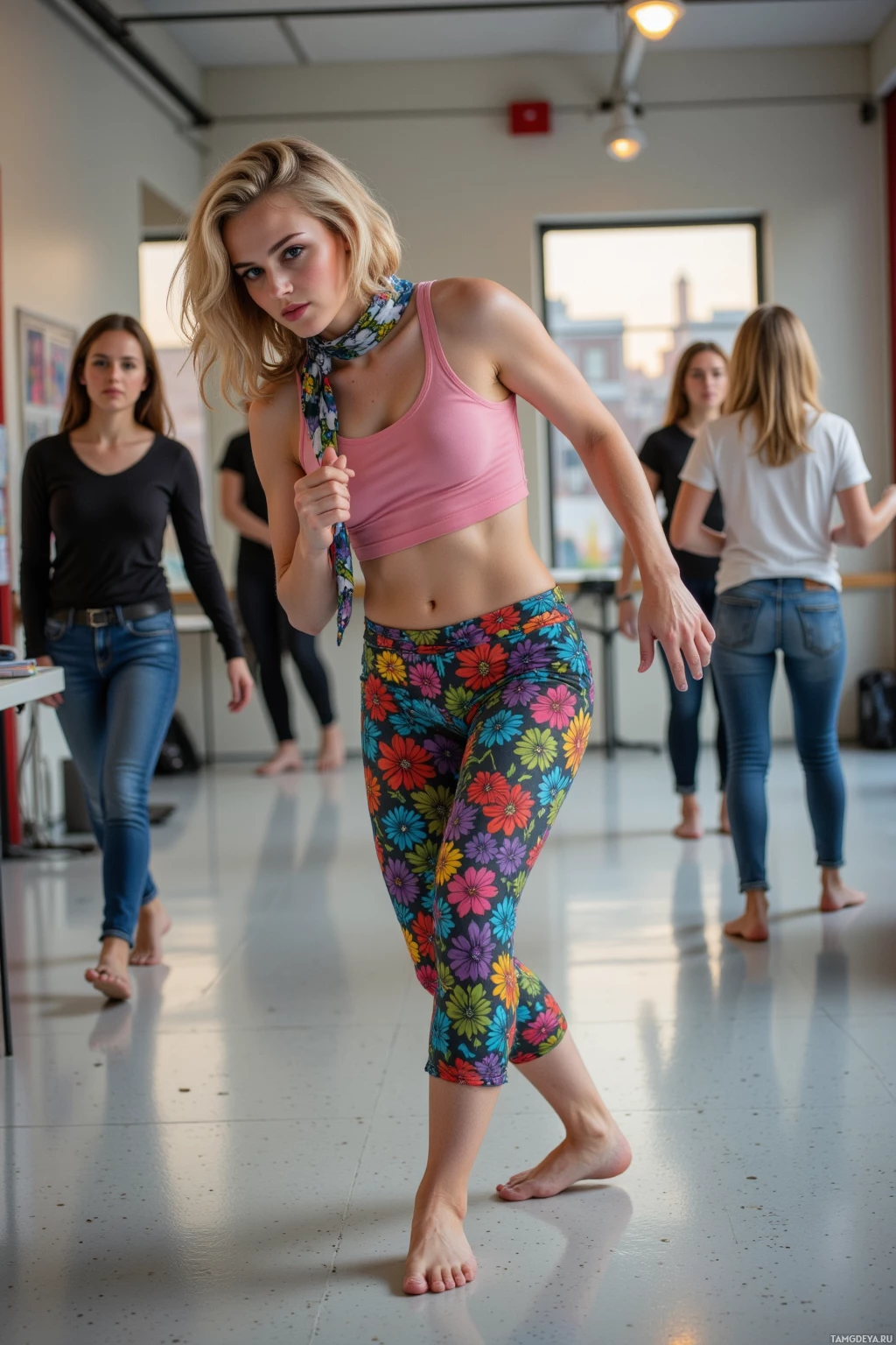 Realistic high quality photo. Female dancer, 27, light blonde curly hair, bright blue eyes, wearing colorful casual clothing and a patterned scarf, energetically performing an 8‑step improvised routine on polished hallway tiles in a modern studio, with a notebook open on a nearby table, overhead lights softly illuminating the scene in late afternoon.