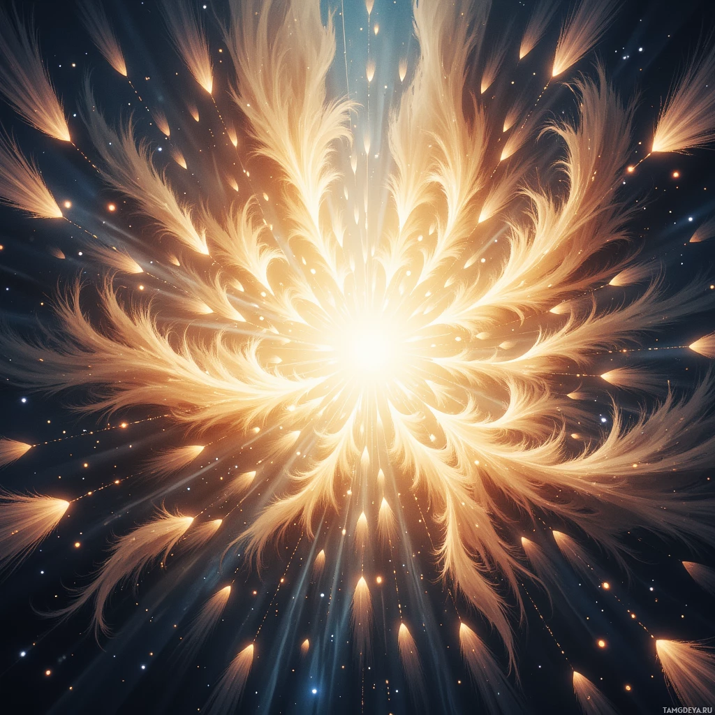 Semi-abstract image with many empty light space at center of beautiful background, that is suitable for the post:  A feathered lock of hair, whispering the weight of unseen vaults, tugs at my calm.