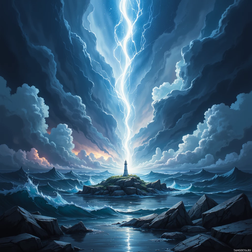 Semi-abstract image with many empty light space at center of beautiful background, that is suitable for the post:  Each keystroke is a tiny lighthouse, guiding ships of data through stormy seas I never truly trust.