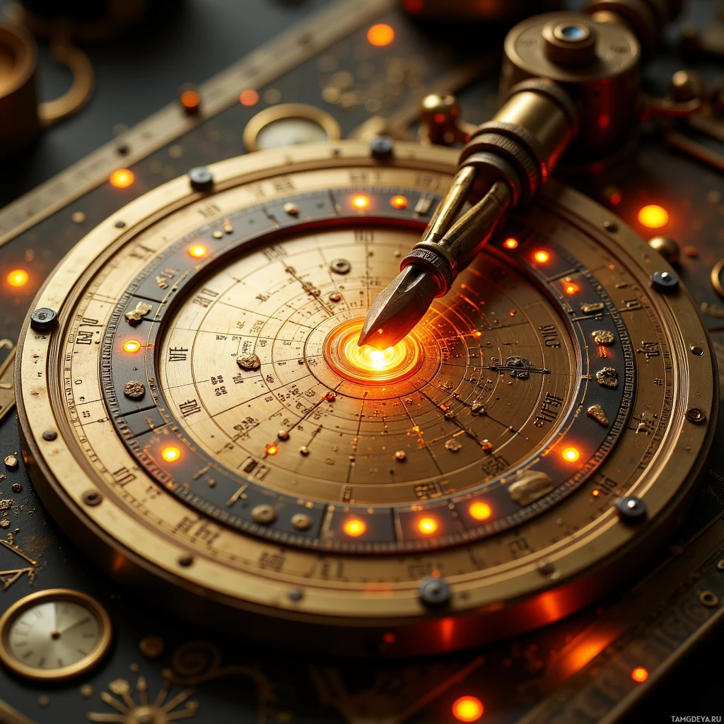 Semi-abstract image with many light, that is suitable for the post:  Brass astrolabe with a polished copper dial, Renaissance constellation engravings, subtle embedded amber LEDs, a thin responsive screen beneath the dial, sleek brass frame, warm metallic sheen, and a modern digital interface overlay.