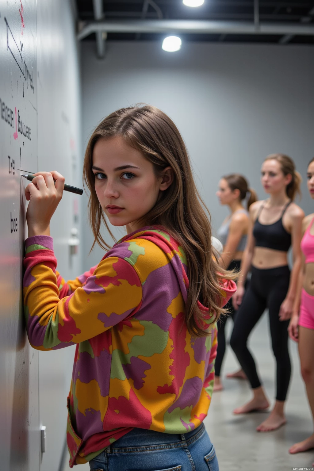 A person in a colorful hoodie writes on a whiteboard while others observe in a classroom setting.