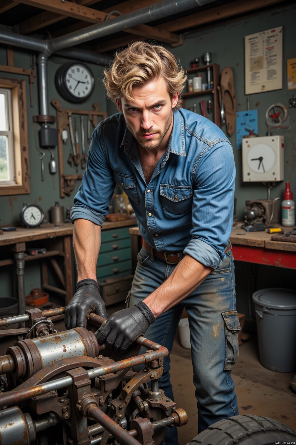 A man in a workshop wearing a denim shirt and gloves, working on a mechanical device.