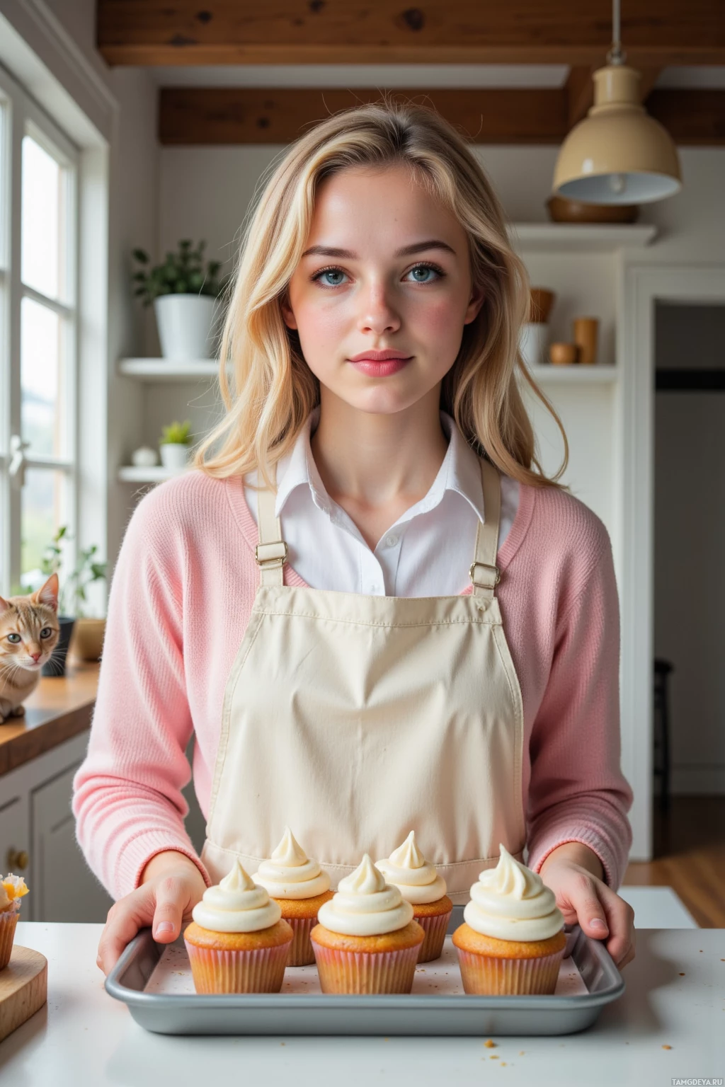 A person wearing an apron holds a tray of frosted cupcakes in a kitchen setting.