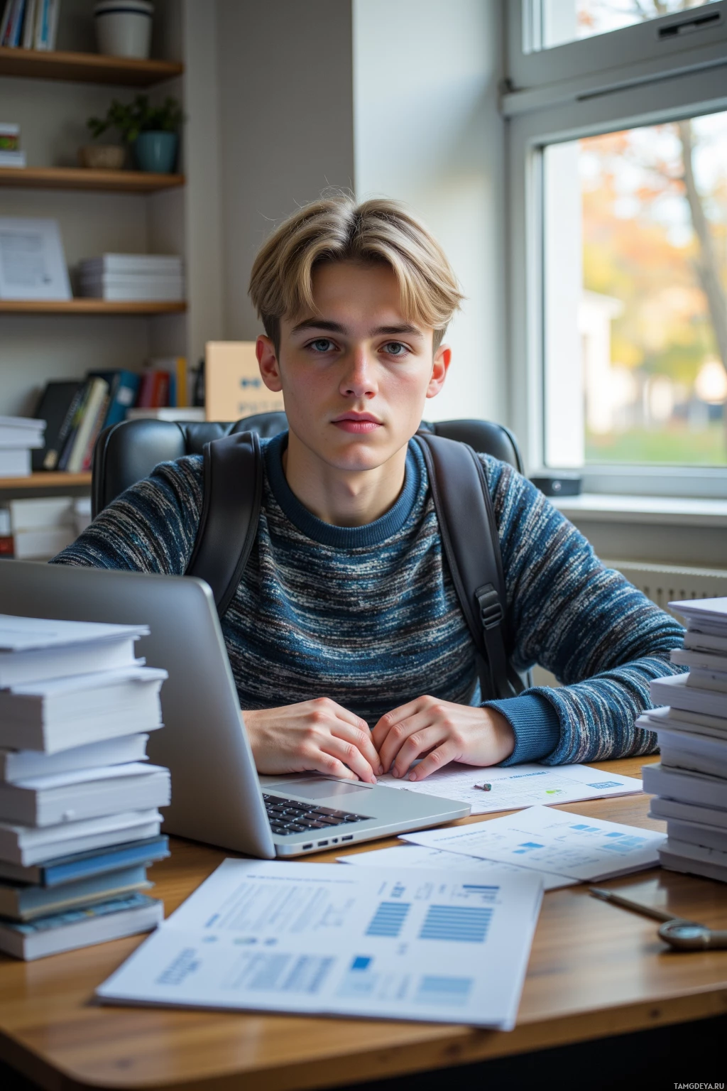 A young person sits at a desk with a laptop, surrounded by books and papers, in a study environment.