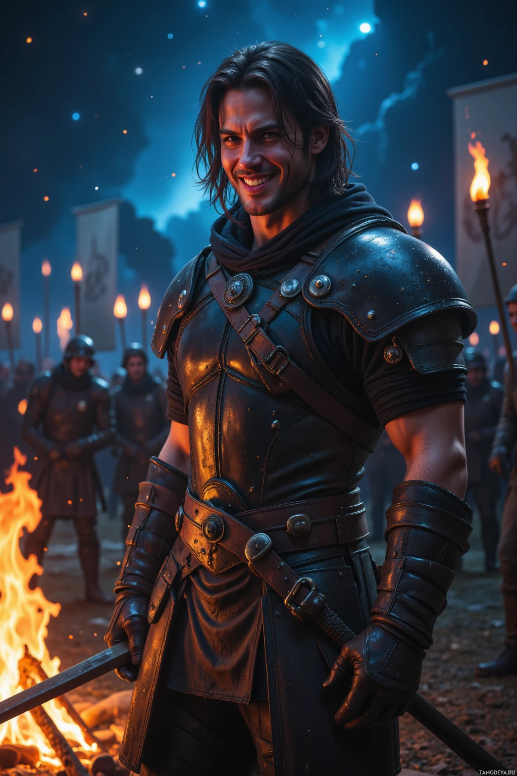 A knight in dark armor stands in a campfire-lit scene, smiling.
