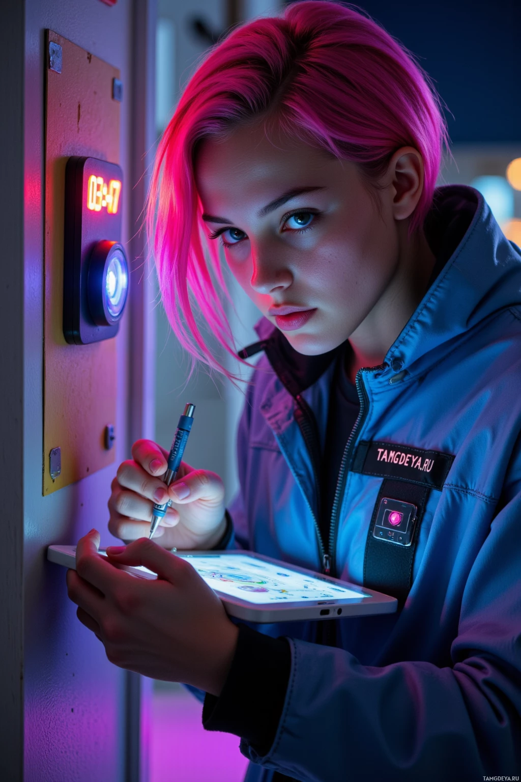 A person with pink hair wearing a jacket uses a stylus on a tablet in a dimly lit environment.