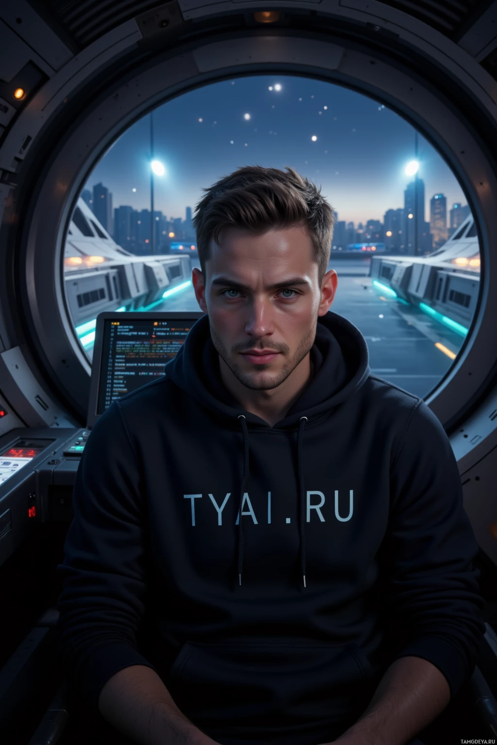 A person in a hoodie sits inside a futuristic vehicle, looking out at a cityscape at night.