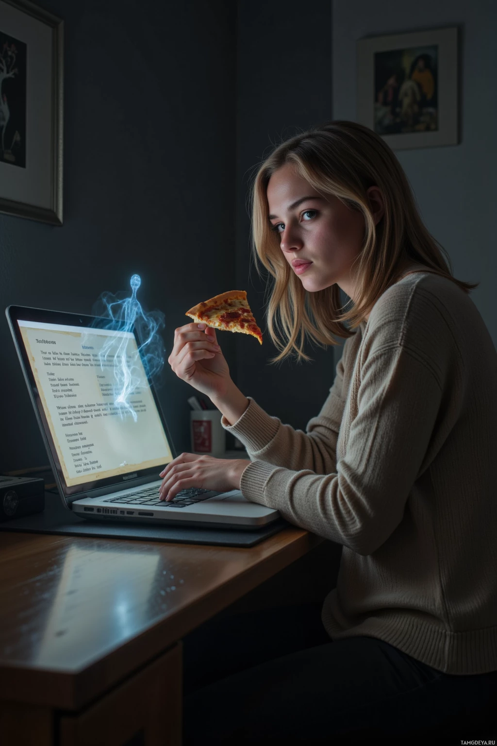 A person is sitting at a desk, eating a slice of pizza while using a laptop.