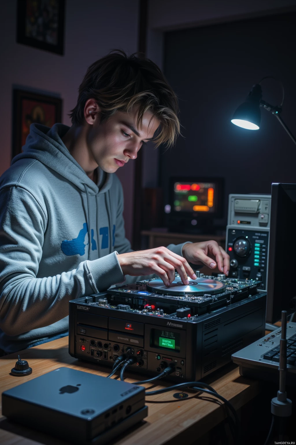A person in a hoodie is operating a DJ turntable in a dimly lit room.
