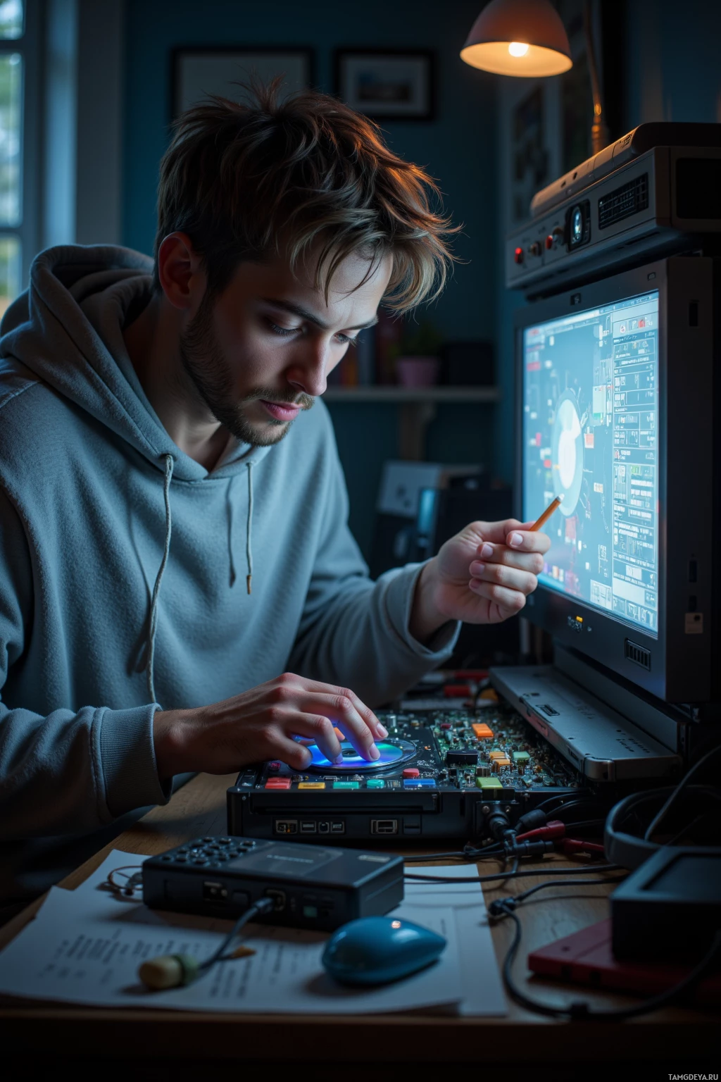 A person is working on a computer with a monitor displaying a technical interface, surrounded by various electronic components and tools.