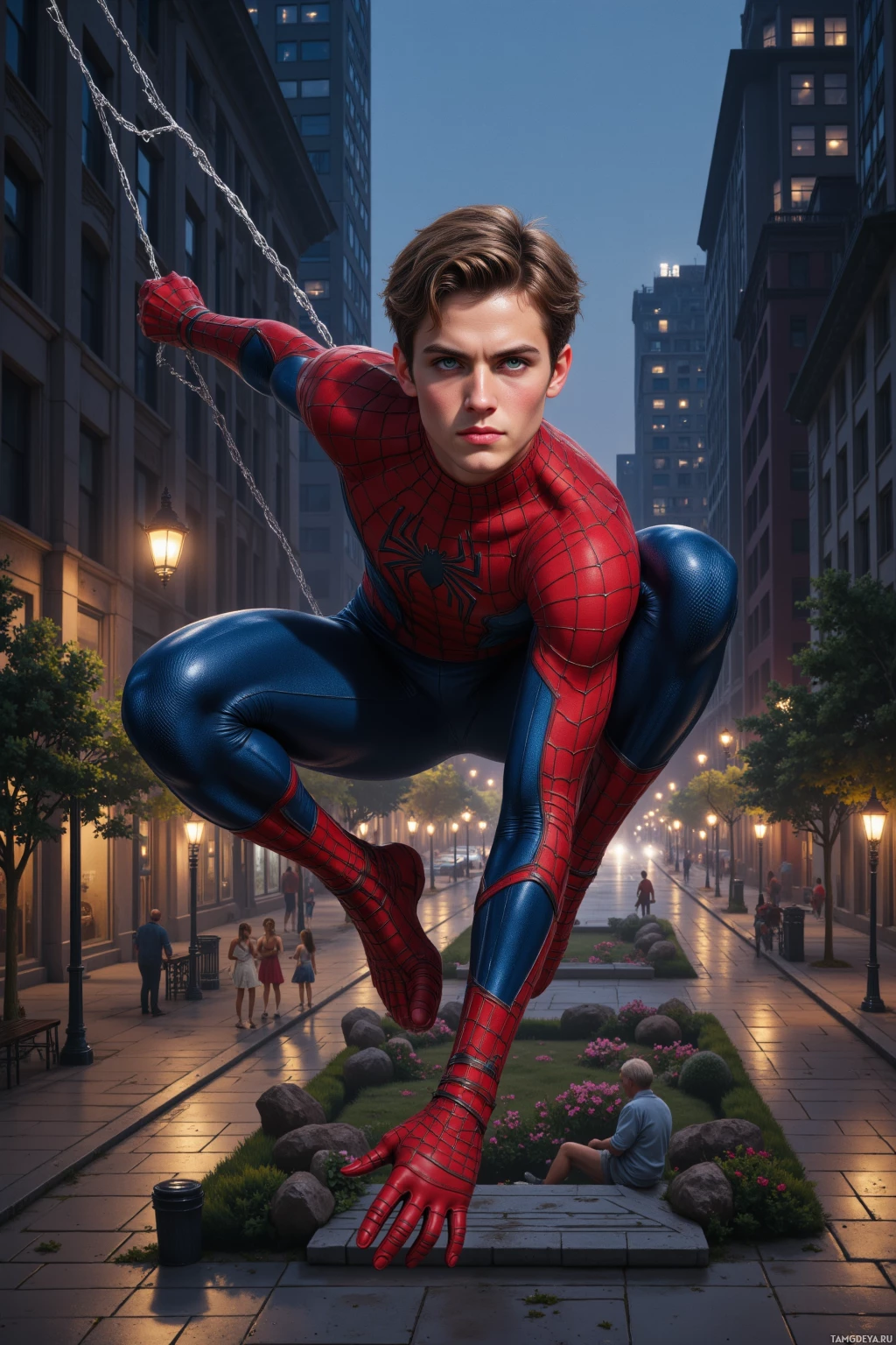 A superhero in a red and blue suit is crouching on a city street.