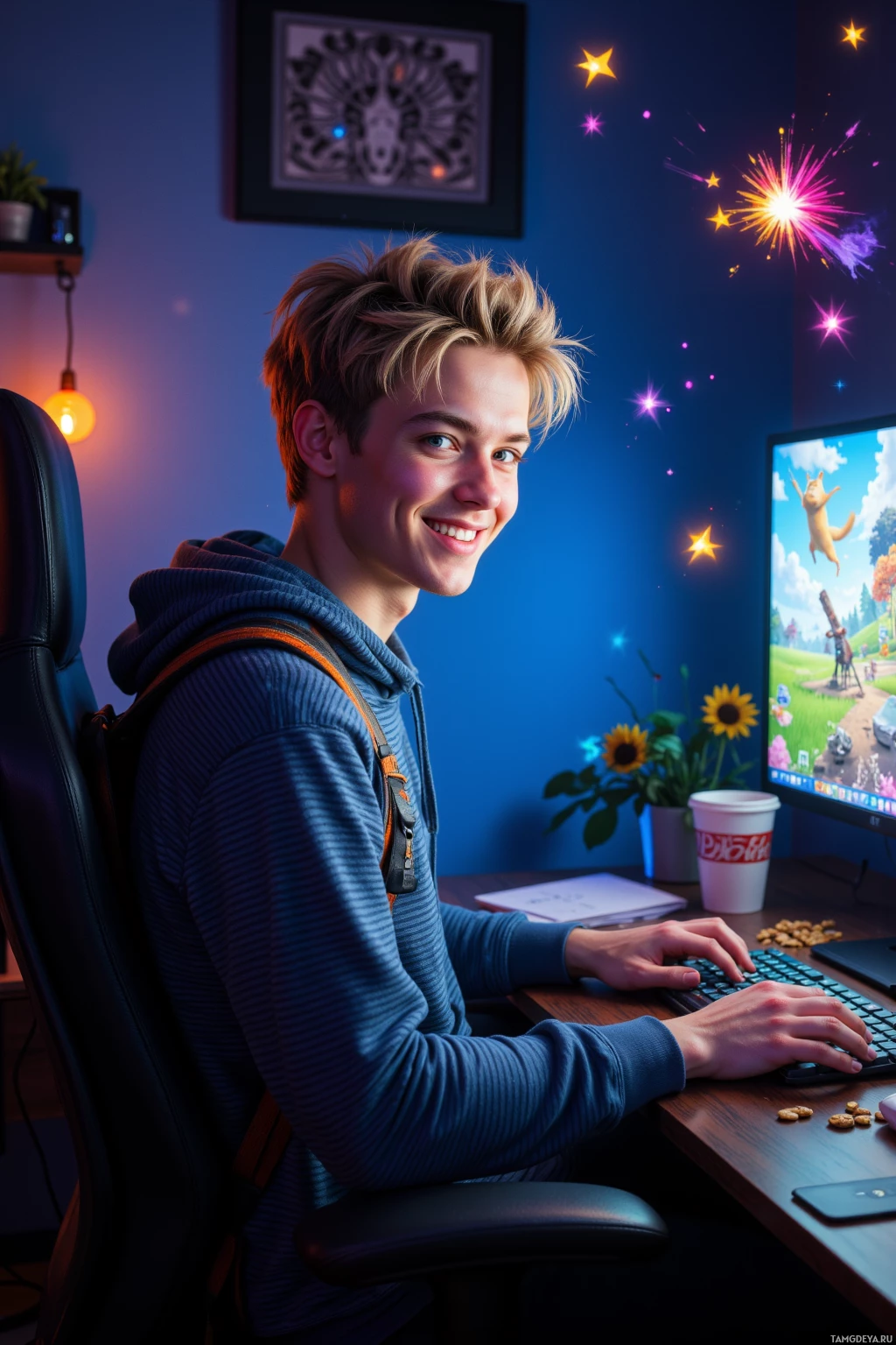 A young person is sitting at a desk, smiling, with a computer monitor displaying a colorful scene in the background.