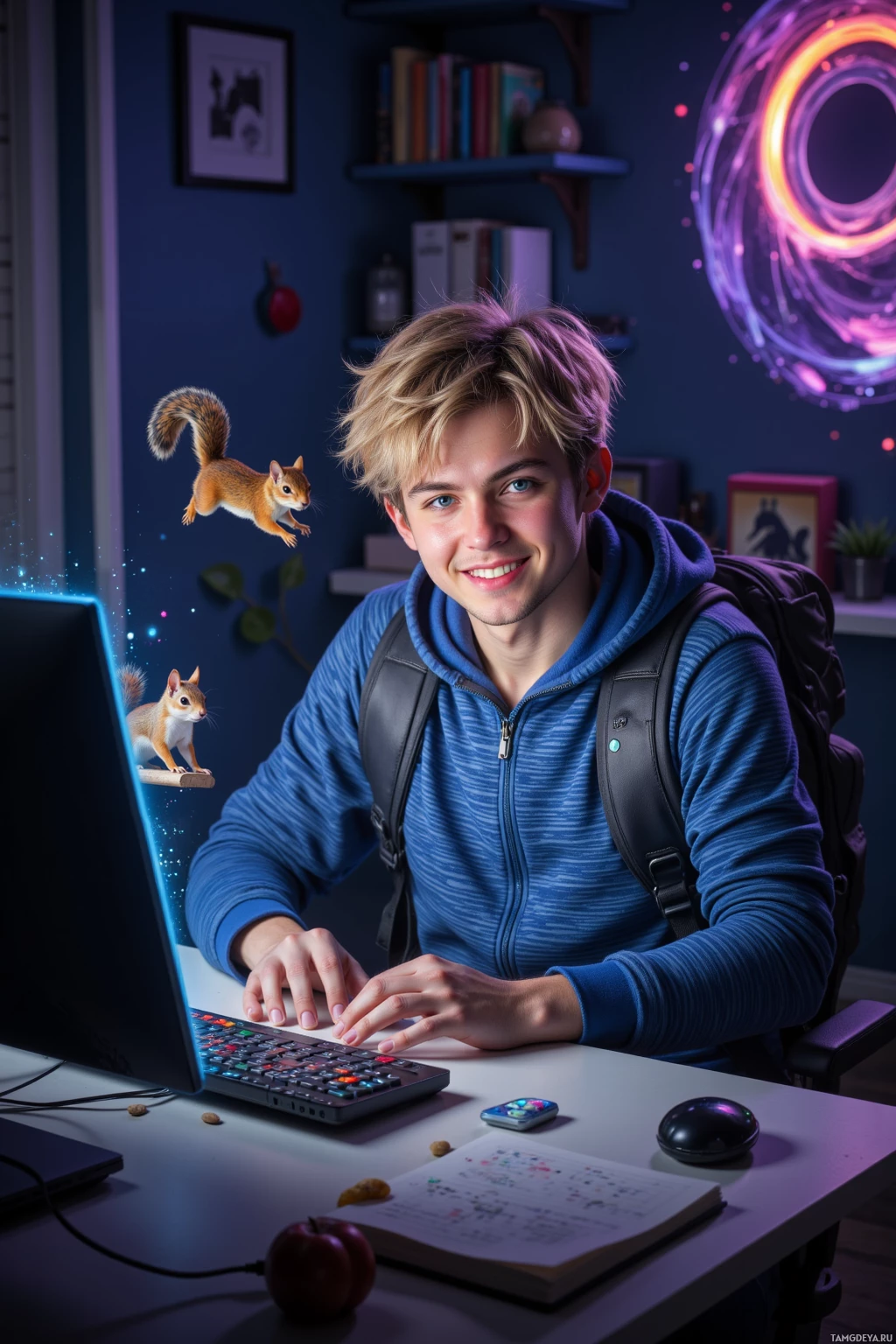 A young person sits at a desk with a computer, surrounded by books and a squirrel decoration.