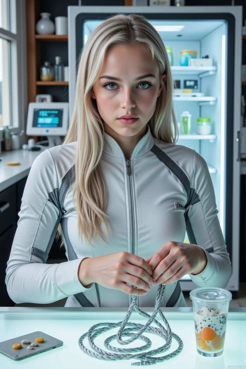 A person in a white athletic outfit stands in a modern kitchen, holding a rope.