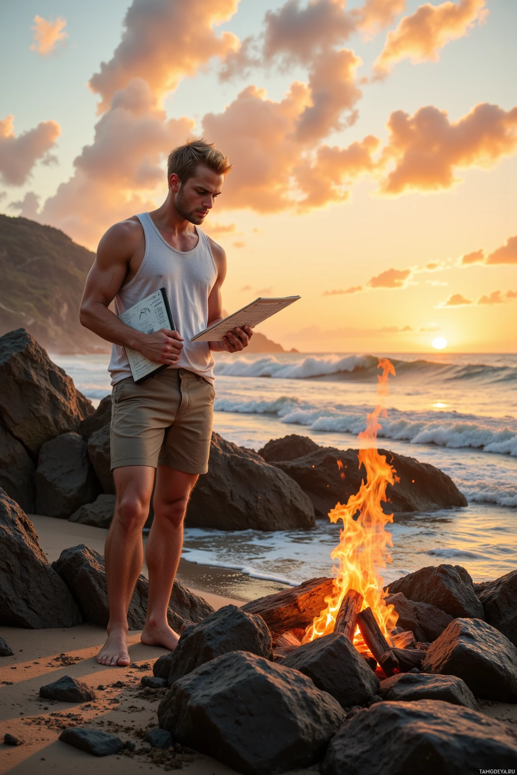 A man stands on a beach at sunset, holding a book near a small campfire.