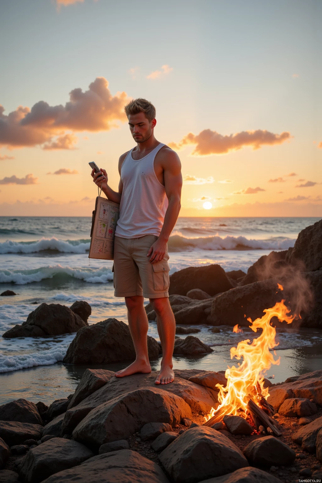A man stands barefoot on rocks near a campfire, holding a phone, with the ocean and sunset in the background.