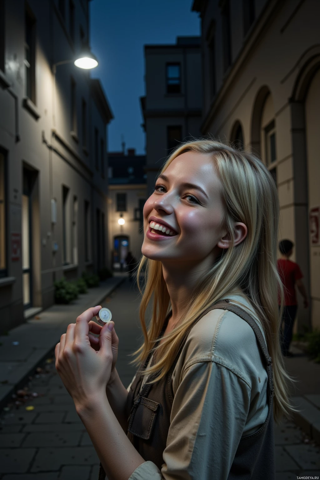 A woman smiles while holding a coin in a narrow street at dusk.