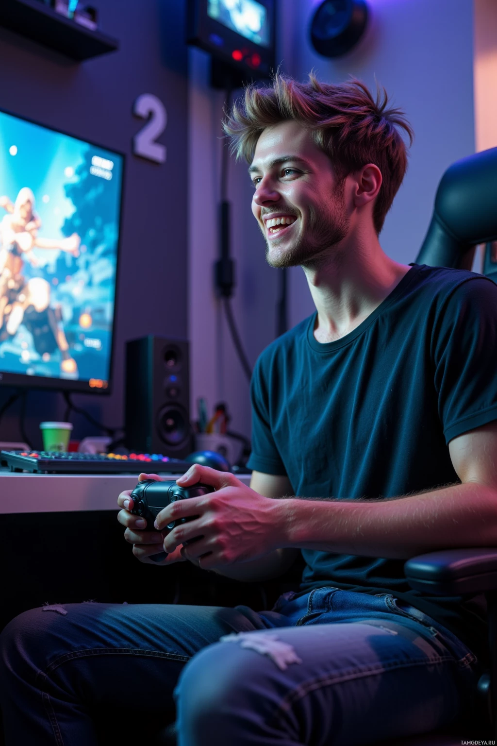 A person is sitting in a gaming chair, holding a controller, and smiling while playing a video game on a monitor.