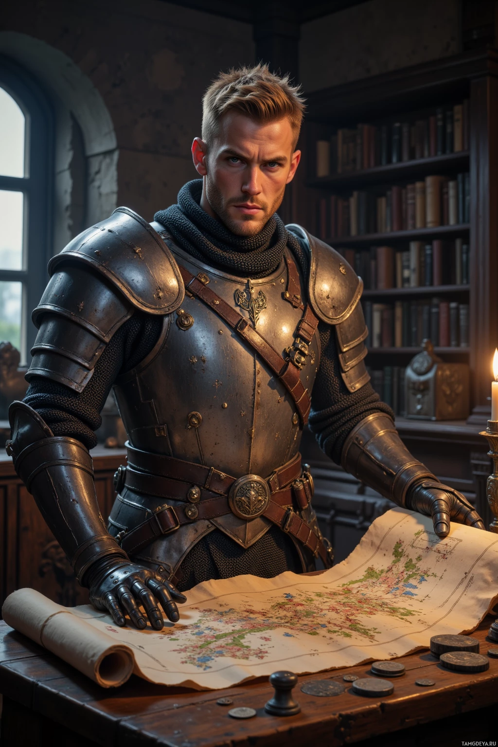 A knight in armor stands beside a map on a table in a library.