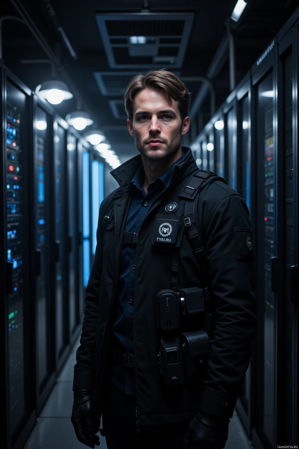 A man in a dark uniform stands in a server room corridor.