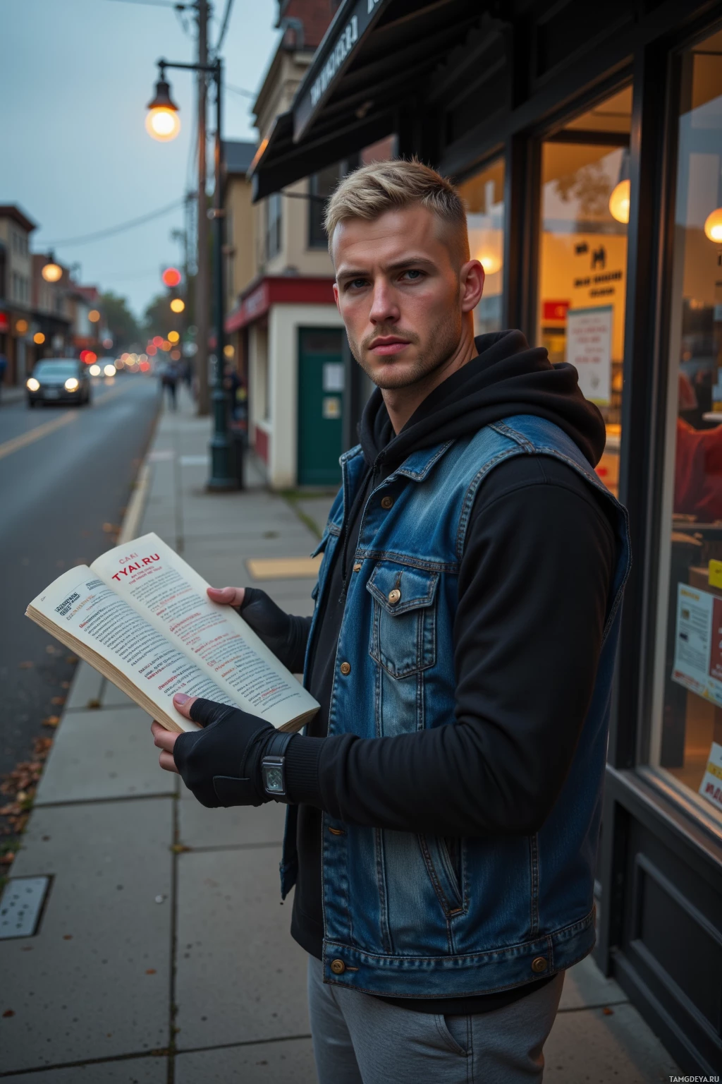 A person stands on a sidewalk holding an open book, wearing a denim vest and black gloves.