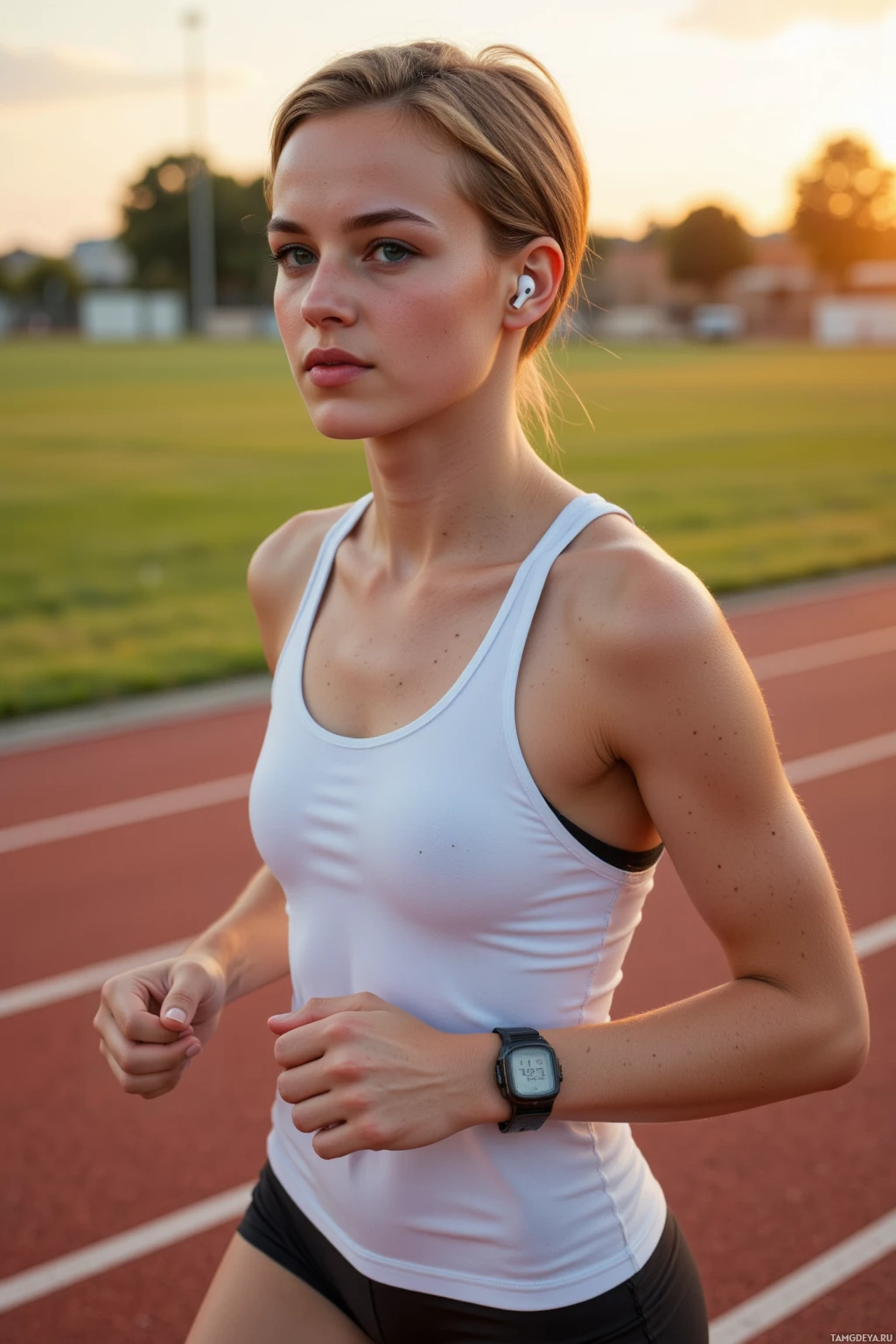 A woman in athletic attire is running on a track at sunset.