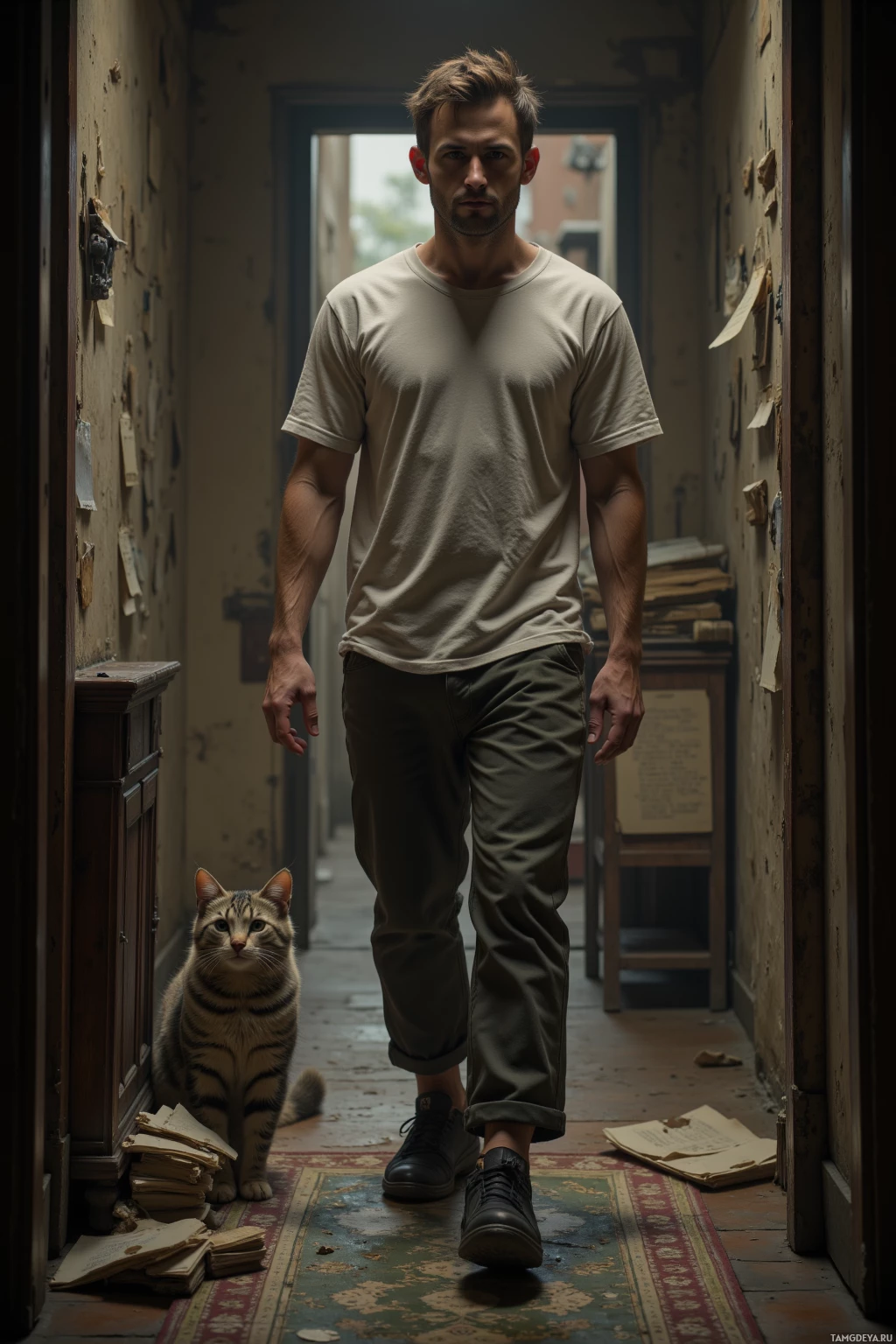 A man walks through a narrow, dimly lit hallway with a cat sitting on the floor.