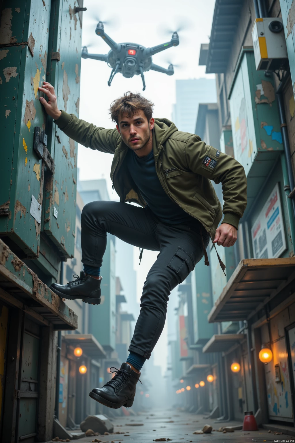 A man in a green jacket and black pants is climbing up a wall in an alleyway with a drone flying above.