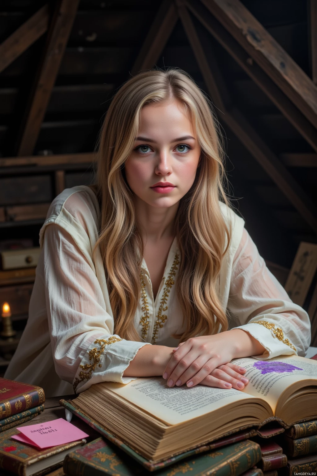 A young woman with long blonde hair sits at a desk surrounded by books, appearing thoughtful.
