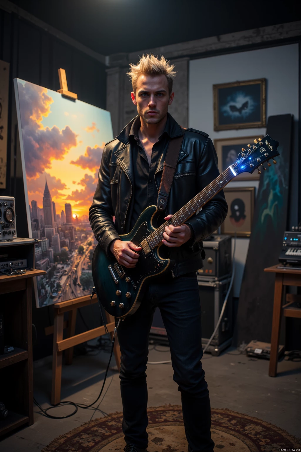 A person in a leather jacket holds a guitar in a room with musical equipment and artwork.