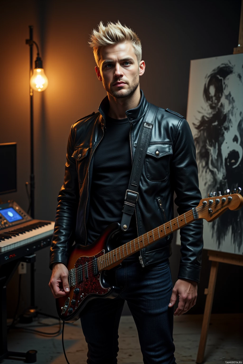 A person in a leather jacket holds a guitar in a dimly lit room with musical equipment.