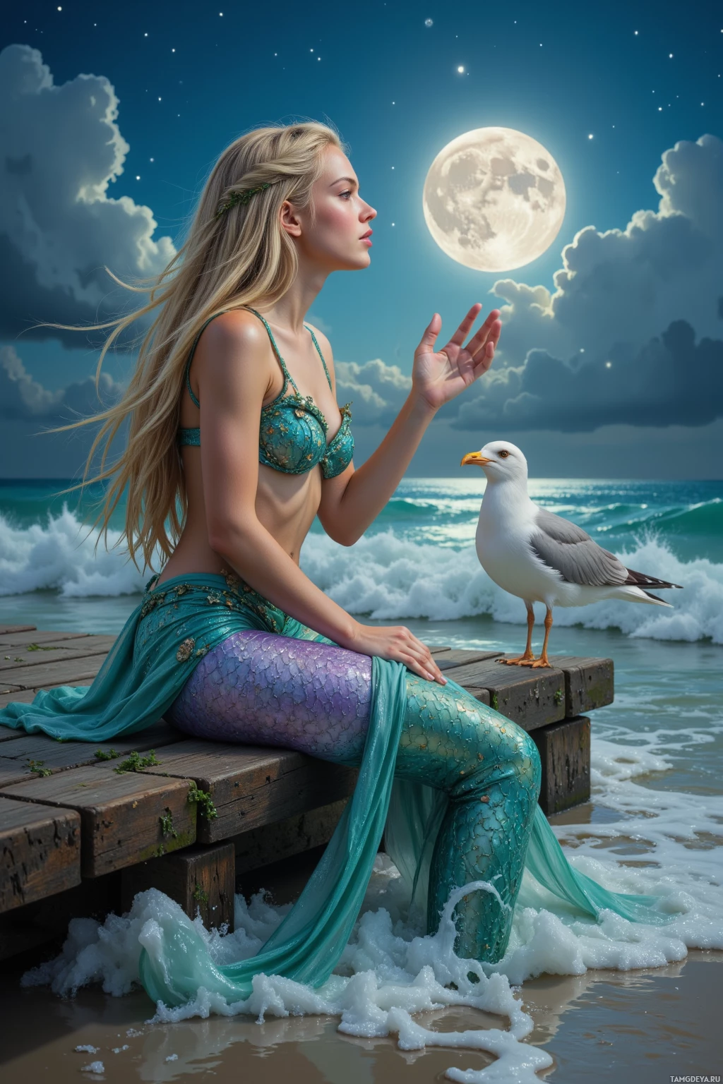 A mermaid in a teal and purple tail sits on a wooden dock, gazing at the moonlit sky with a seagull perched nearby.