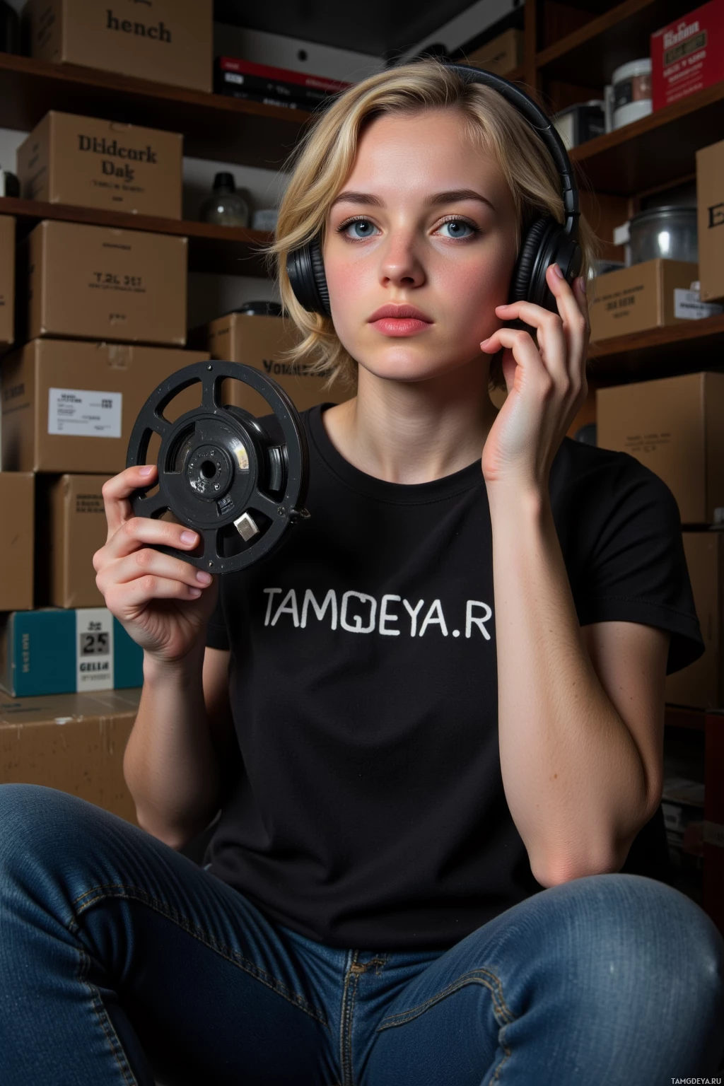 A person wearing headphones and a black t-shirt with text, sitting in a storage area with boxes and shelves.