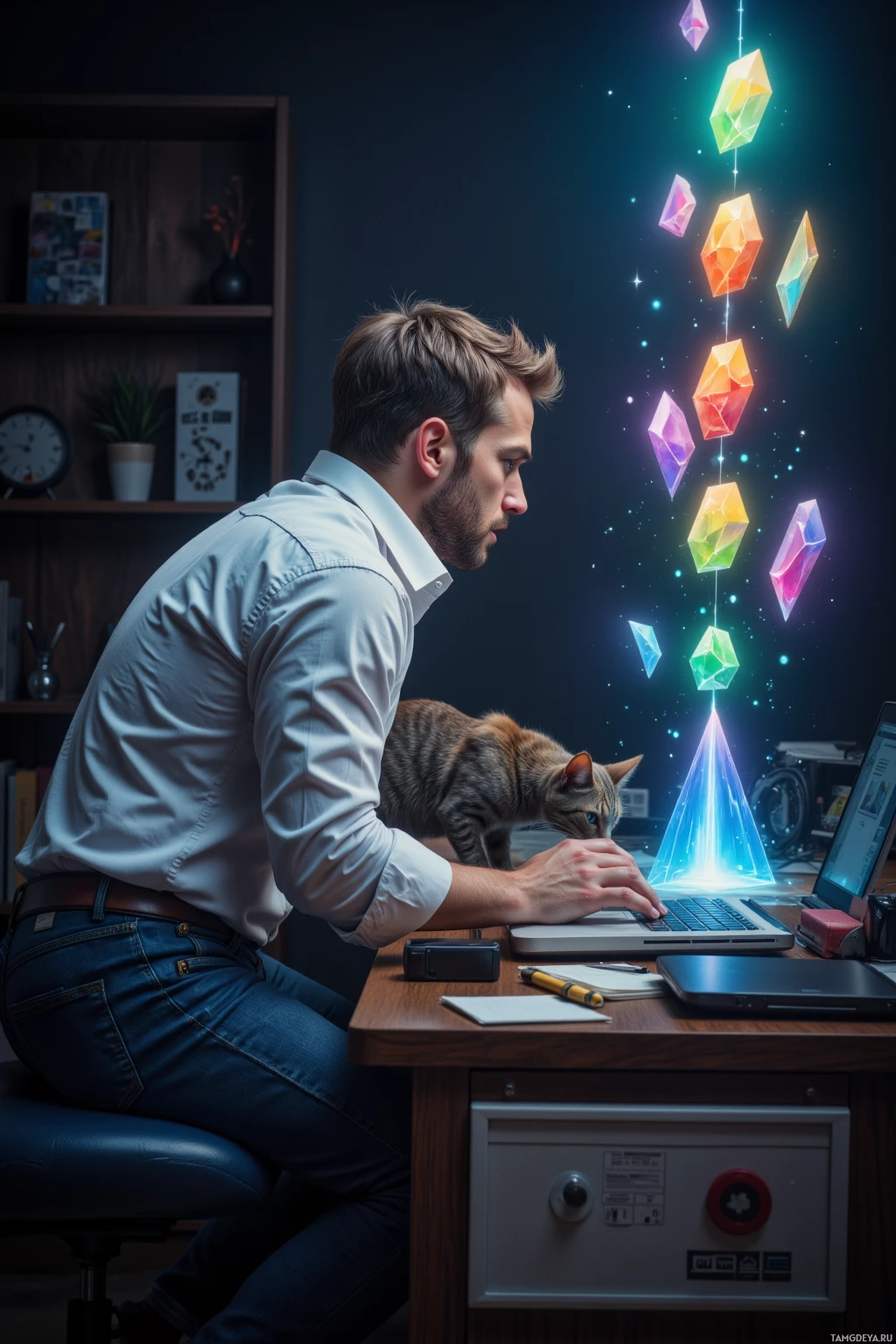A man works at a desk with a cat, surrounded by glowing geometric shapes.