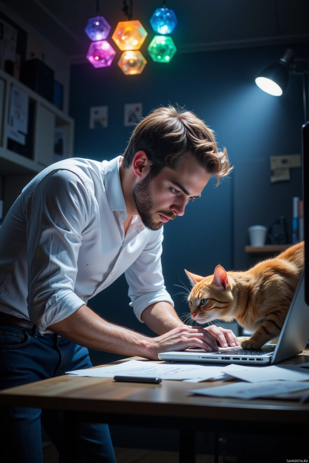 A man leans over a desk, working on a laptop with a cat sitting beside him.