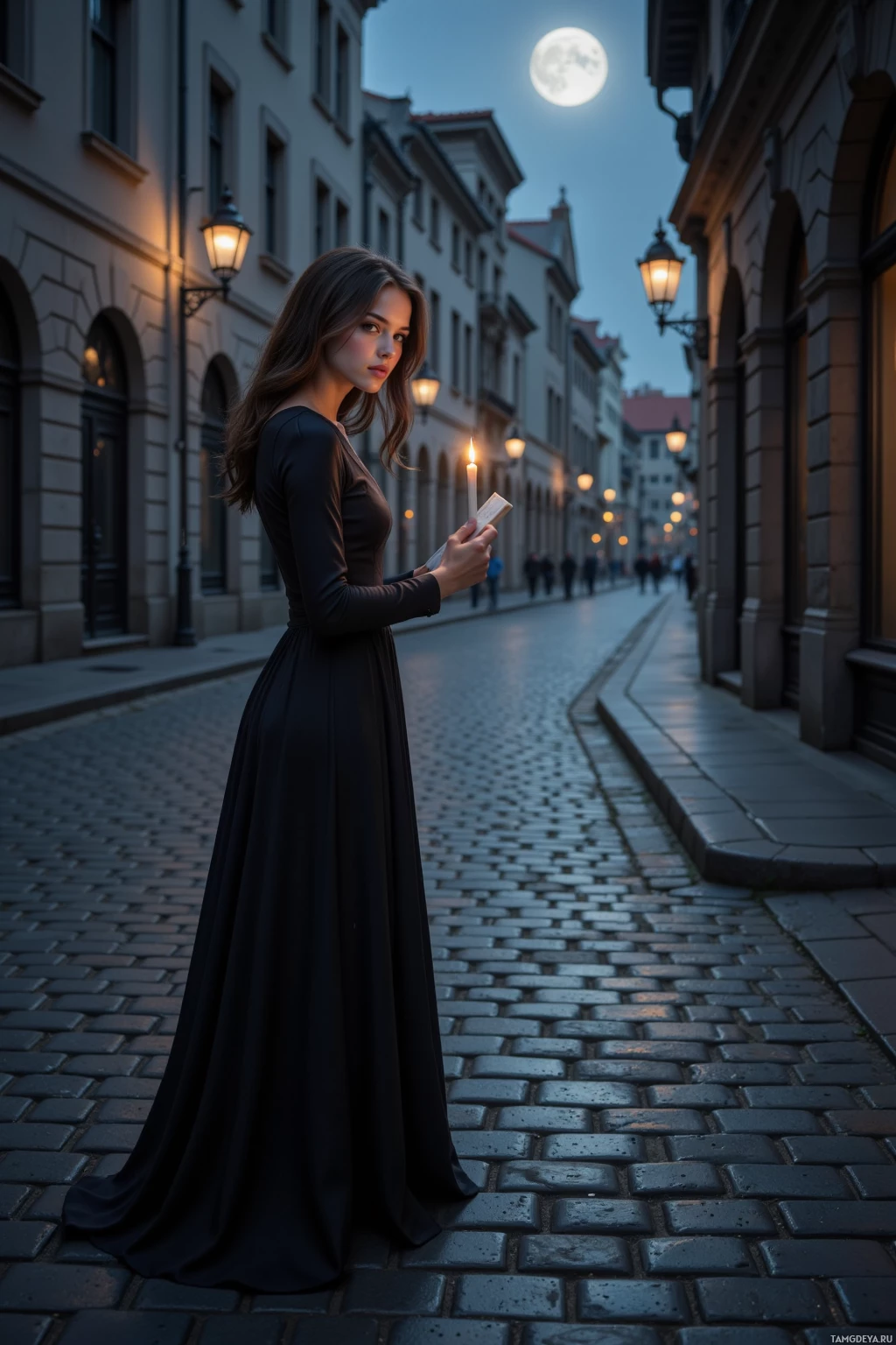 A woman in a long black dress stands on a cobblestone street under a full moon.