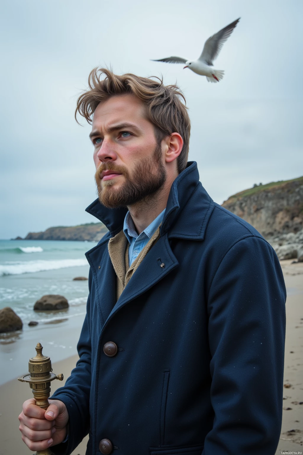 A man stands on a beach, holding a lantern, with a seagull flying overhead and the ocean in the background.