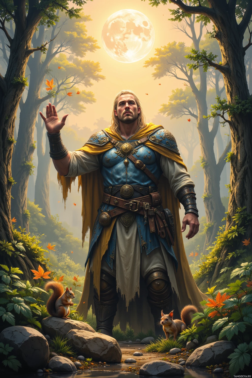 A warrior in a forest setting with a full moon in the background.