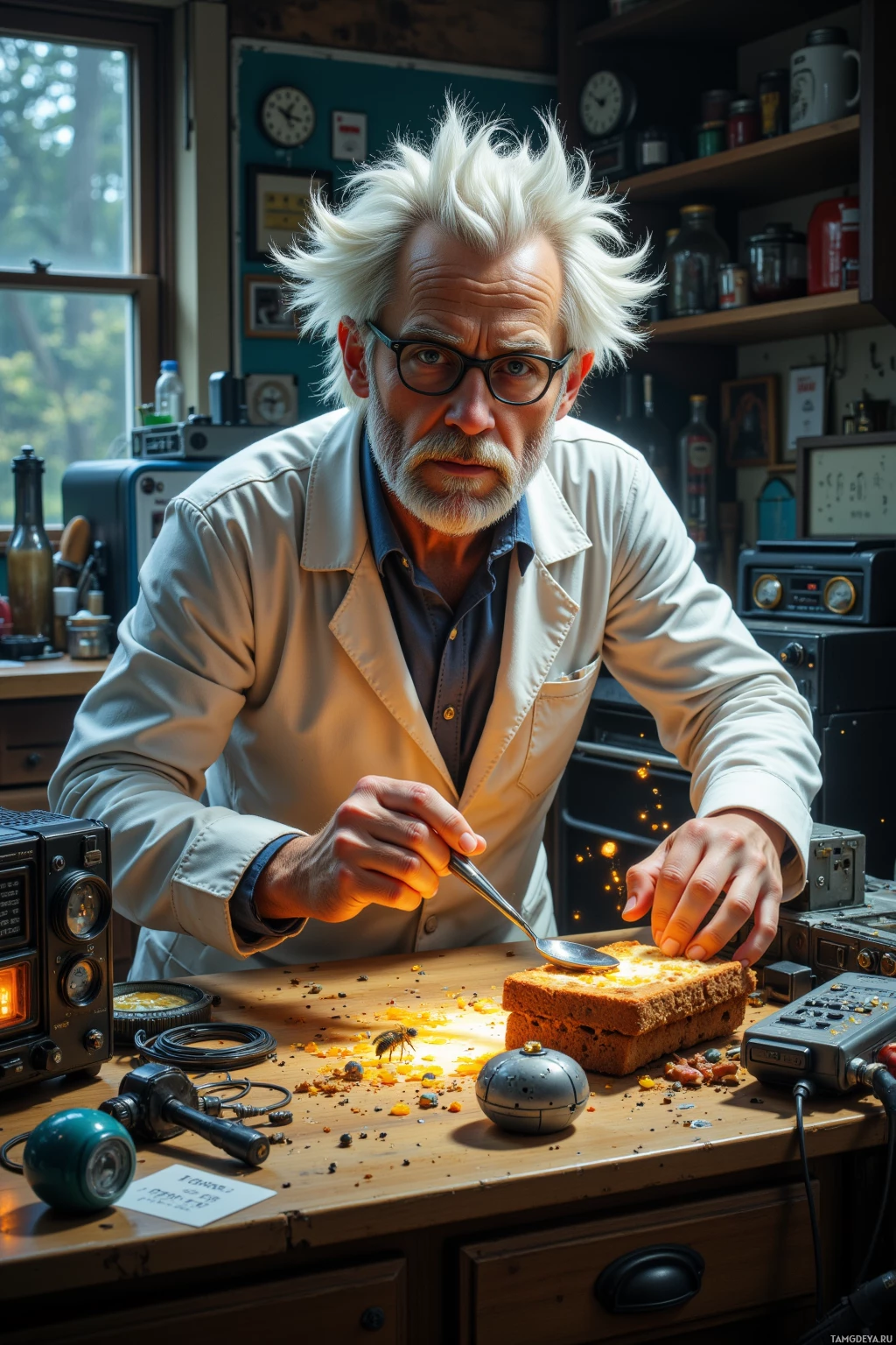 A man in a lab coat is preparing food in a cluttered workshop.