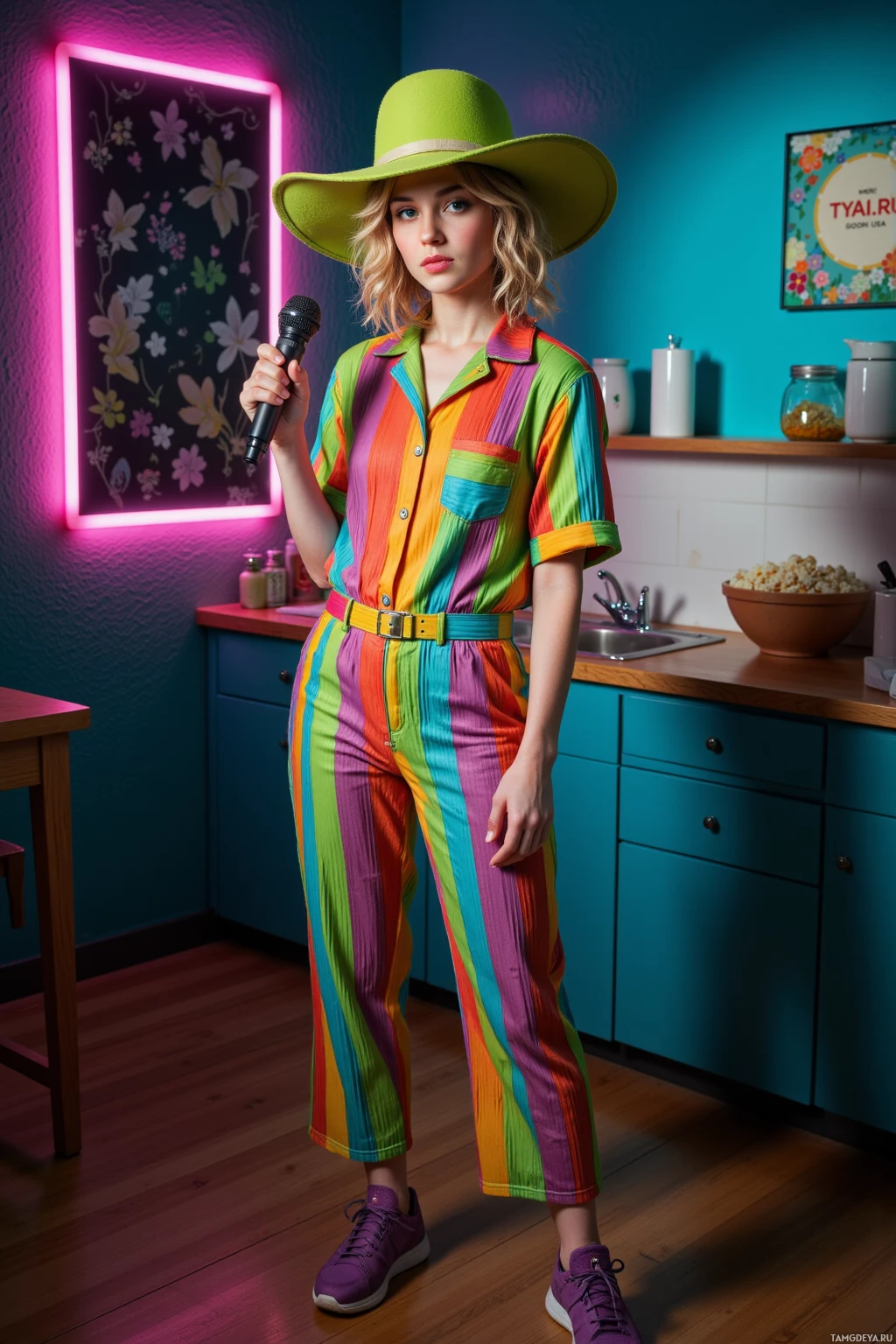 A person in a colorful striped outfit stands in a kitchen holding a microphone.
